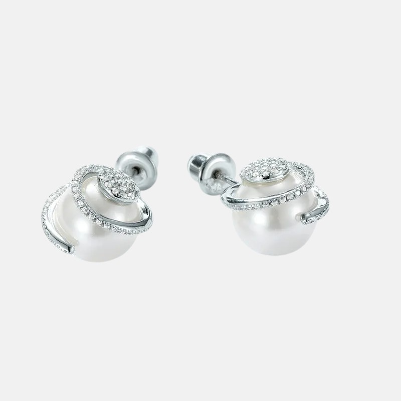 BlingKu S925 Sterling Silver Pearl & Pave Zircon Twisted Hoop Earrings