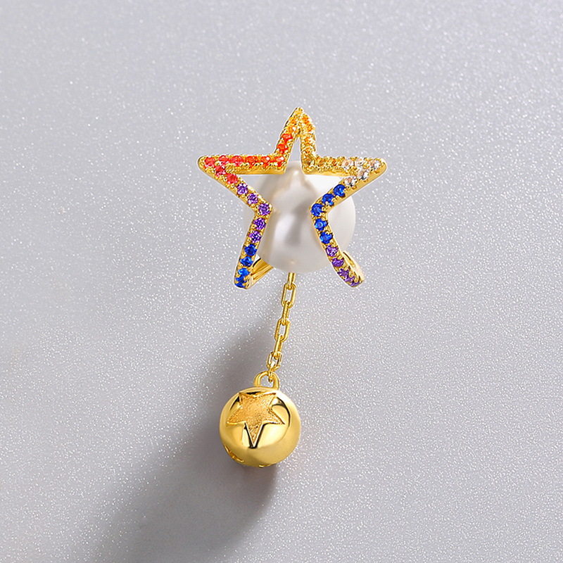 Close-Up of Rainbow Zirconia Star Setting on Geometric Silver Earring