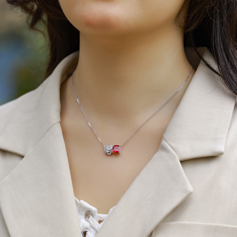 New Rose Flower Cultured Ruby Necklace | S925 Silver with Colorful Gemstones