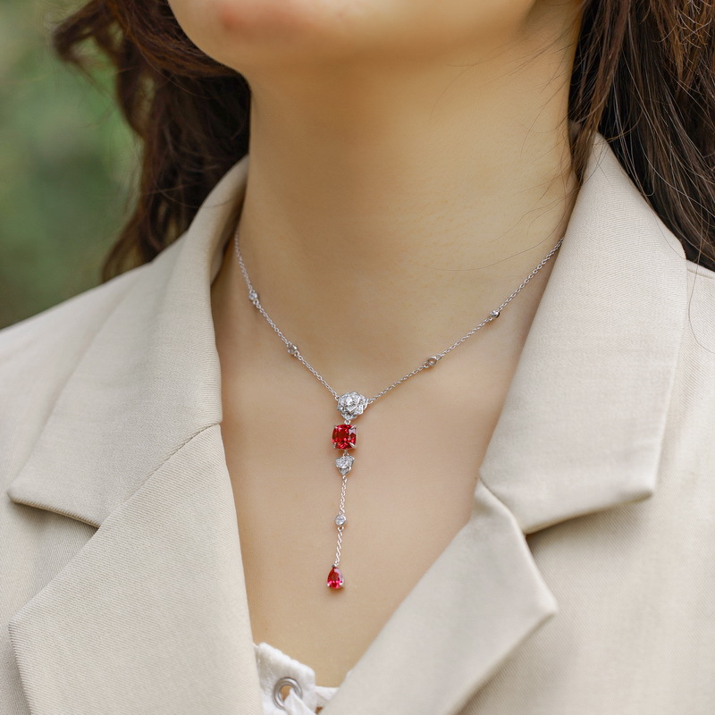 Simulation Rose Flower Cultured Ruby Long Necklace | S925 Silver with Colorful Gemstones