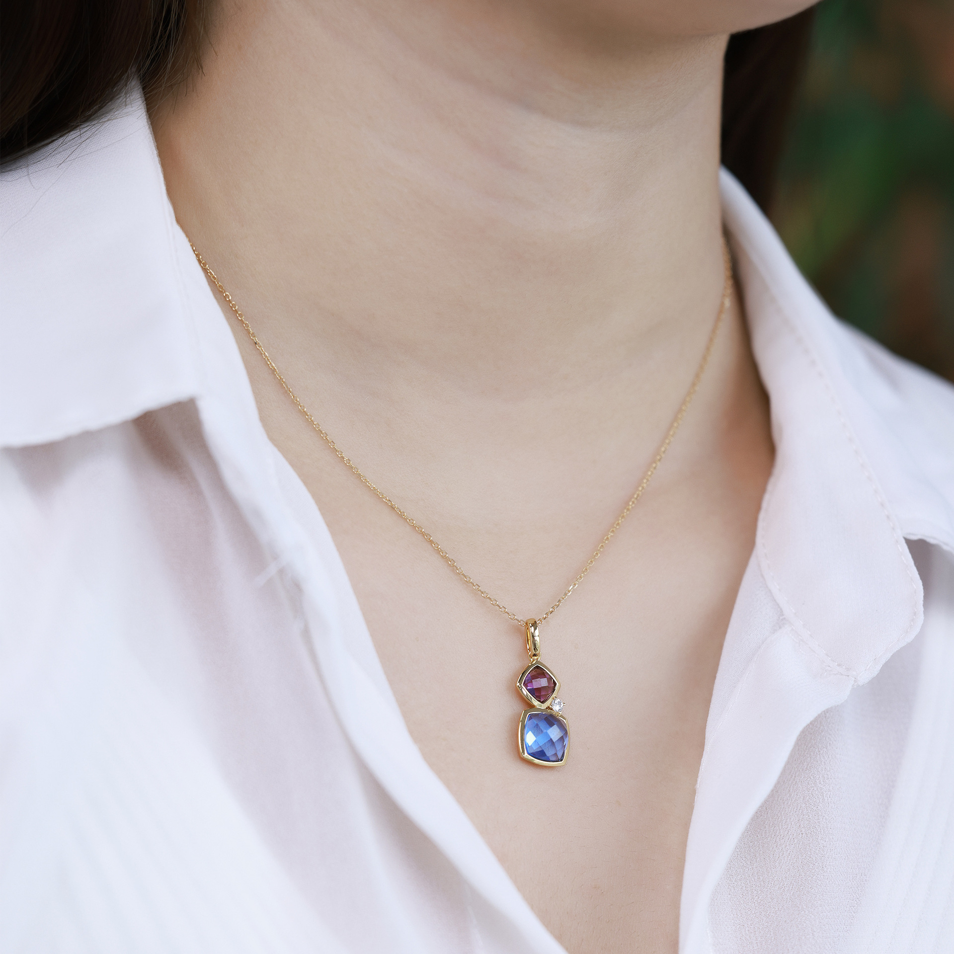 January Birthstone Grid-Cut Gemstone Necklace | Sterling Silver with 10K Gold