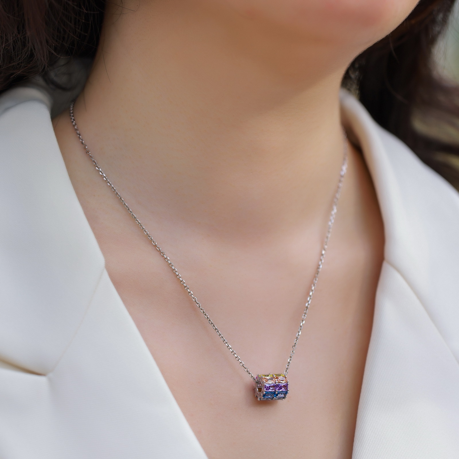 Personalized Jewelry – S925 Sterling Silver Geometric Rainbow CZ Pendant Necklace for Women