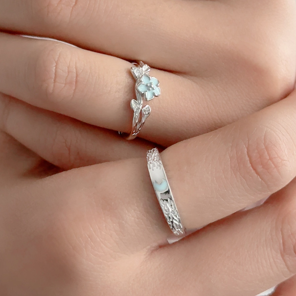 Glow in the Dark Couple Rings – “Moonlit Bloom” Adjustable S925 Silver Set