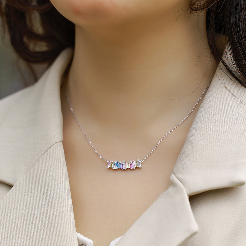 S925 Sterling Silver Geometric Rainbow CZ Pendant | Personalized Necklace for Women