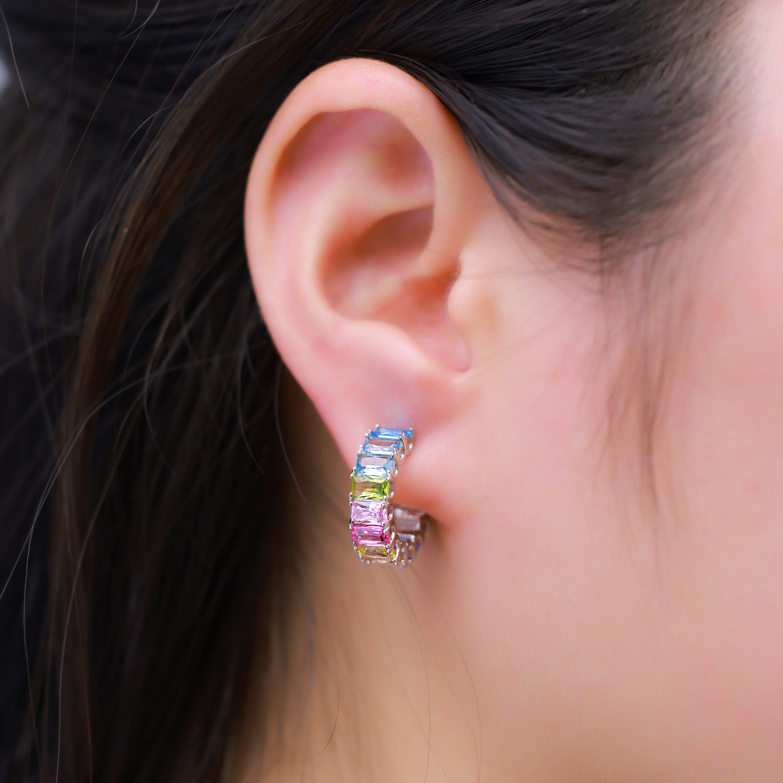 S925 Sterling Silver Rainbow CZ Hoop Earrings | Personalized Jewelry for Women