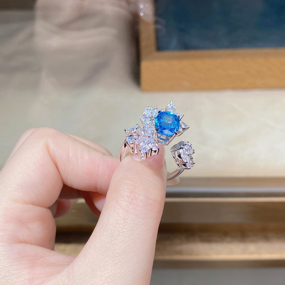 Adjustable Floral Aquamarine & Sapphire Open Ring in S925 Sterling Silver – March Birthstone Jewelry