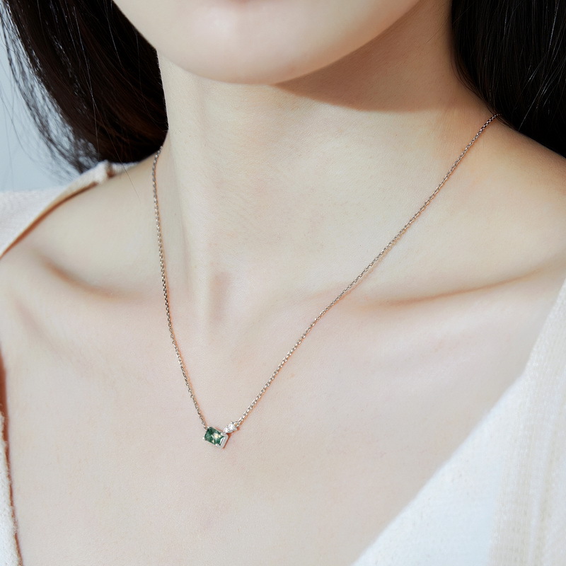 Geometric Moss Agate Necklace | S925 Sterling Silver Green Gem Choker – June Birthstone