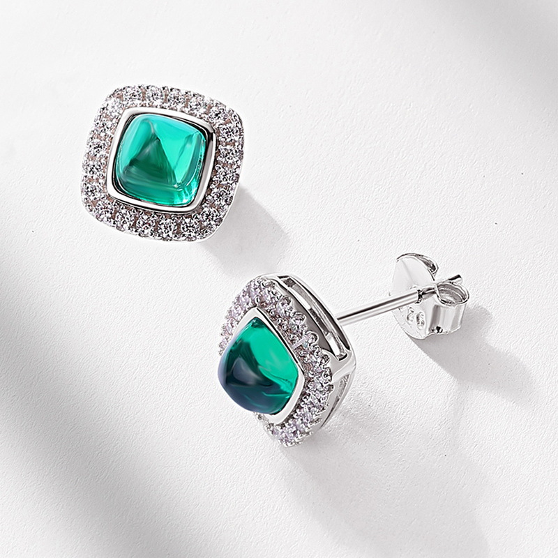 Emerald Cut Emerald Earrings – Square Halo Studs in S925 Silver | BlingKu