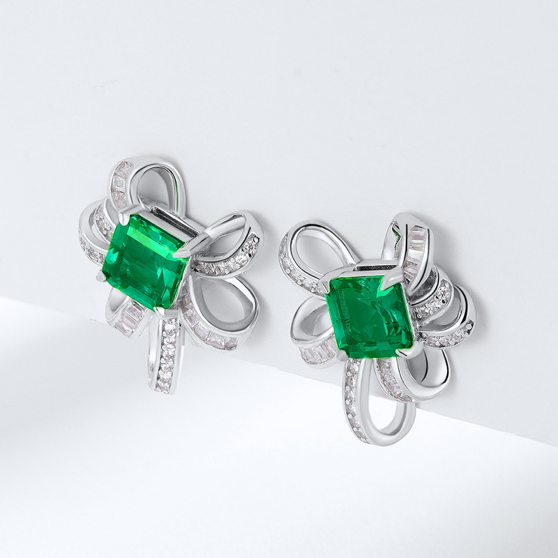 Emerald Ear Studs – Elegant Bow Knot Design in S925 Silver | BlingKu