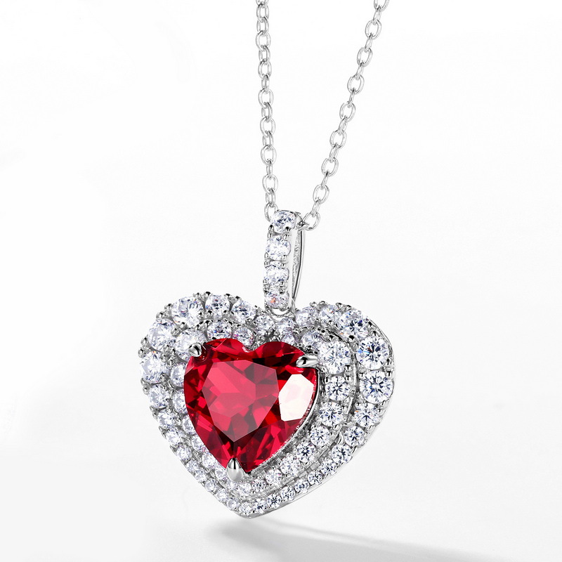 Women’s July Birthstone Necklace – S925 Silver Heart Pendant with Lab-Created Ruby
