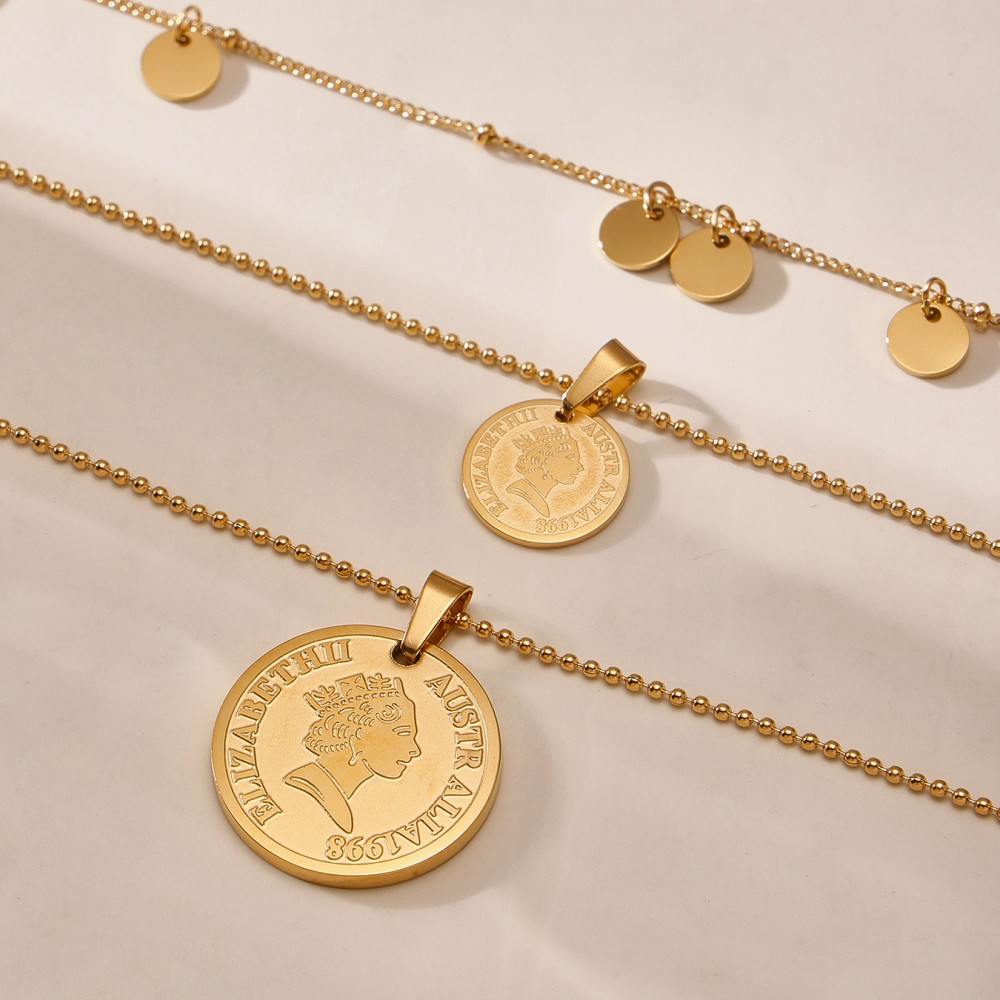 Multi Strand Necklace with Queen Portrait Coin – 18K Gold Plated Layers