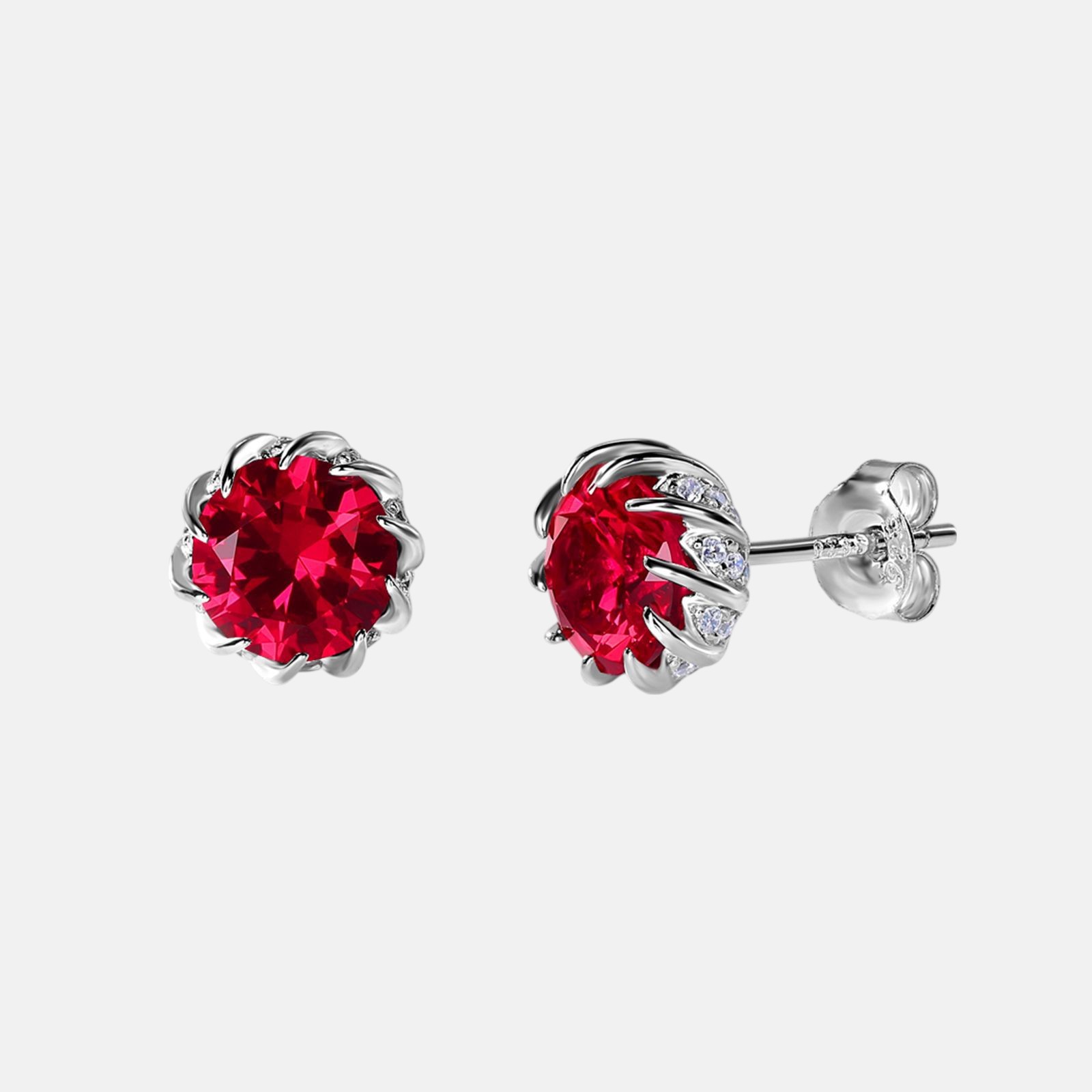 Round Ruby Earrings – Lab-Created S925 Silver Studs for Women