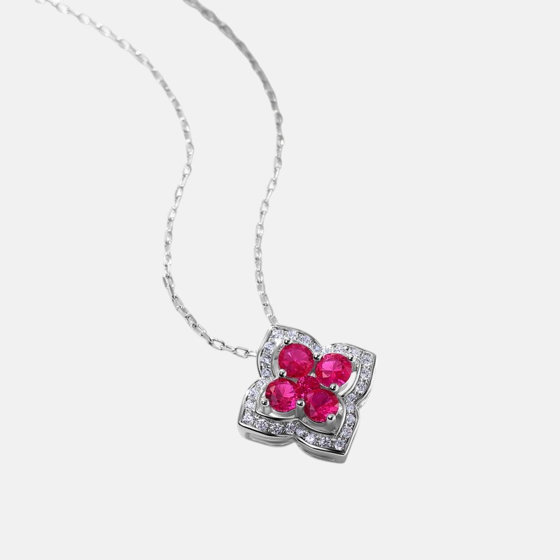 Sterling Silver Ruby Necklace – Four-Leaf Clover Floral Pendant for Women