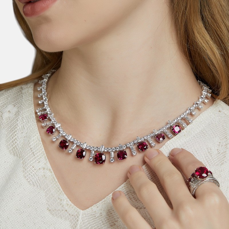 Elegant Ruby Jewelry – Bold Lab Gem Statement Necklace in S925 Silver