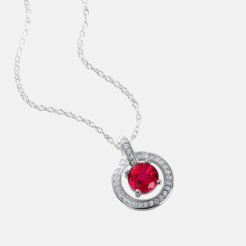 July Birthday Necklace – Lab Ruby Circle Pendant with Full Gem Pave in S925 Silver