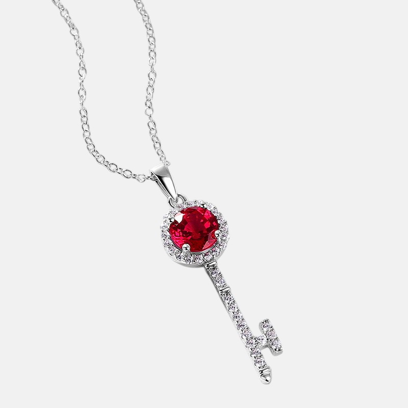 Dainty July Birthstone Necklace – Lab Ruby Key Pendant in S925 Silver