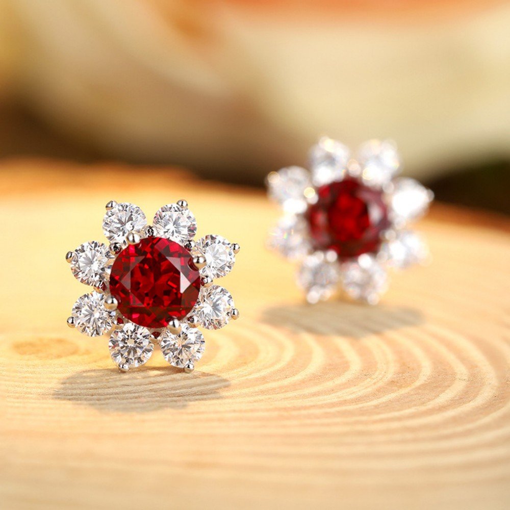 Natural Ruby Stud Earrings – Lab Ruby Sunflower Design in S925 Silver