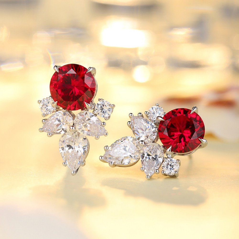 Ruby Earrings – Round Red Corundum Studs in 925 Sterling Silver