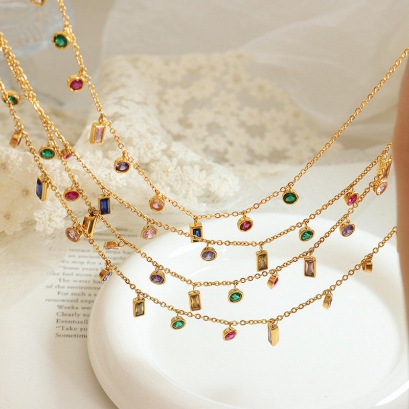 Colorful Cubic Zirconia Jewelry Set – Tassel Necklace & Bracelet