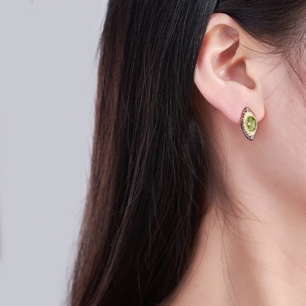 S925 Silver Two-Tone Oval Peridot Earring Set