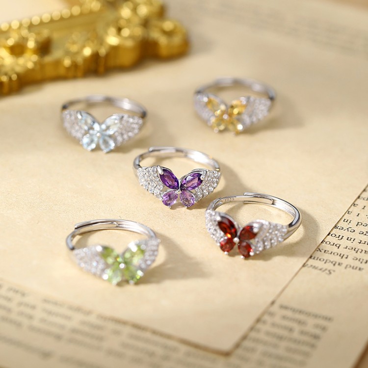 Butterfly Open Ring – S925 Sterling Silver with Natural Gemstones