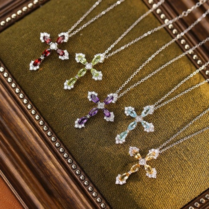 Silver Cross Pendant – S925 Crystal Hip-Hop Necklace with Gemstone Variants