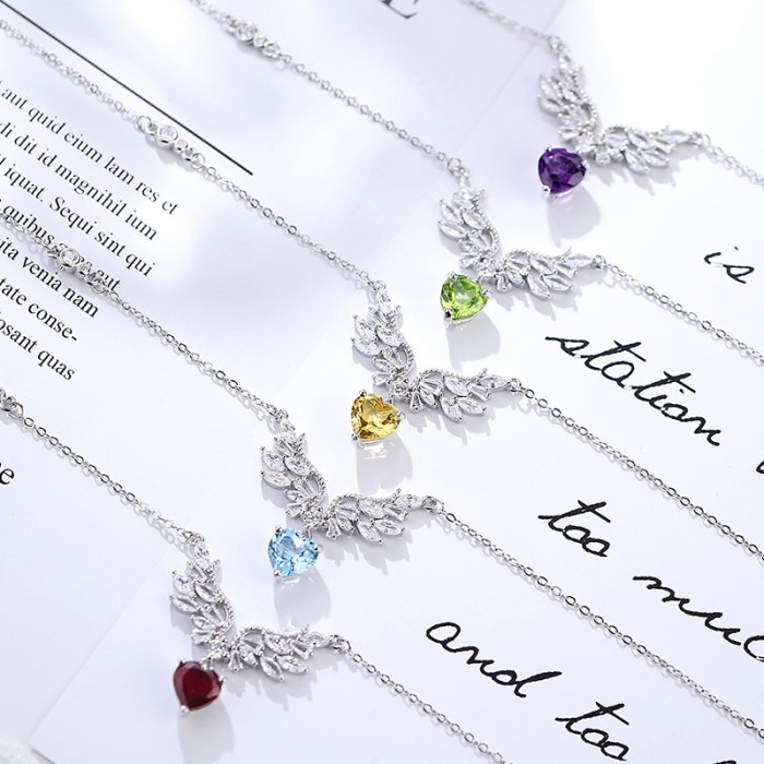 Angel Wings Necklace – S925 Silver Pendant with Gemstone Variants
