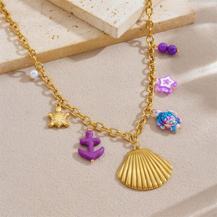 Shell Layered Necklace – Gold Stainless Steel with Turtle & Star Charms