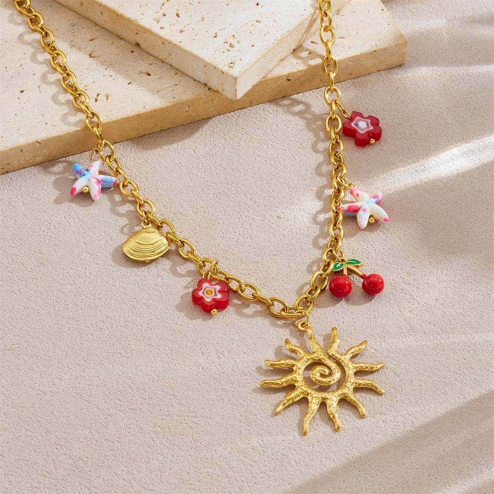 Starfish Necklace – Gold O-Link Chain with Enamel Cherry Charm
