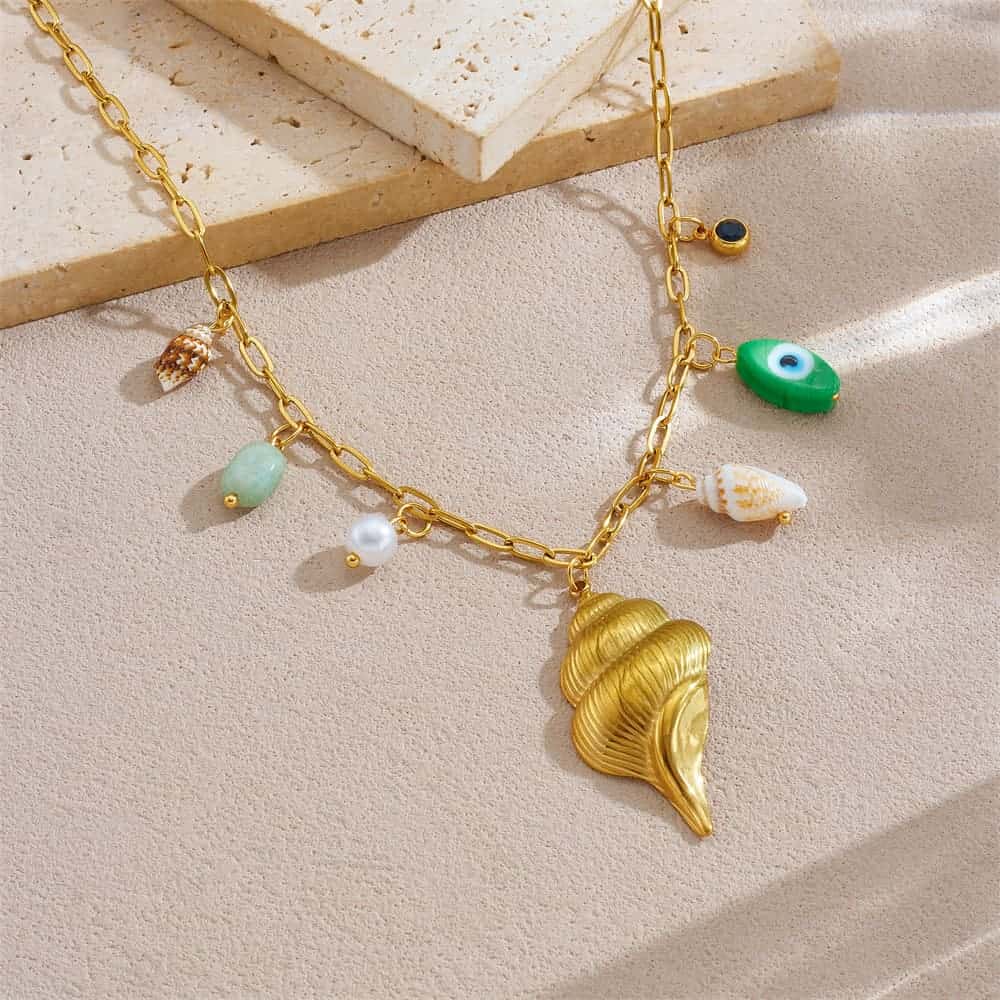 Stackable Gold Necklaces – Green Evil Eye & Shell Pendant