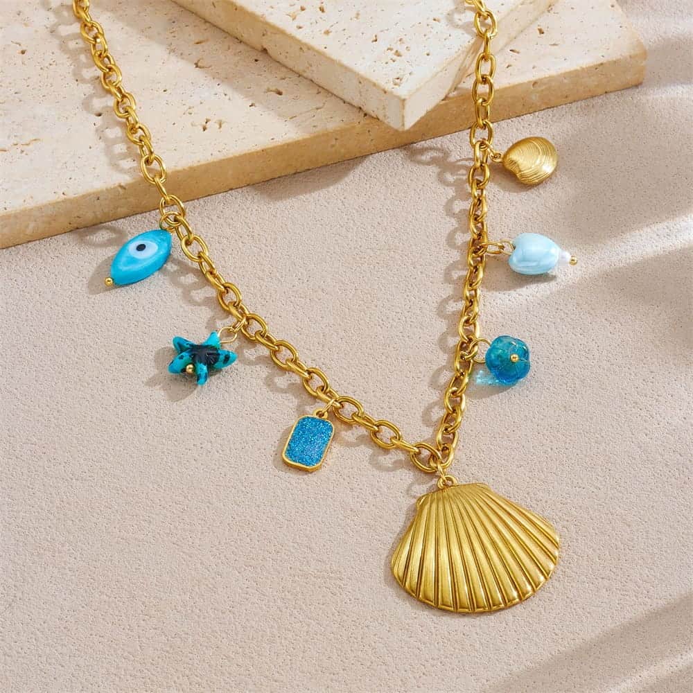 Beach Layering Jewelry – Blue Eye, Shell & Starfish Pendant Necklace