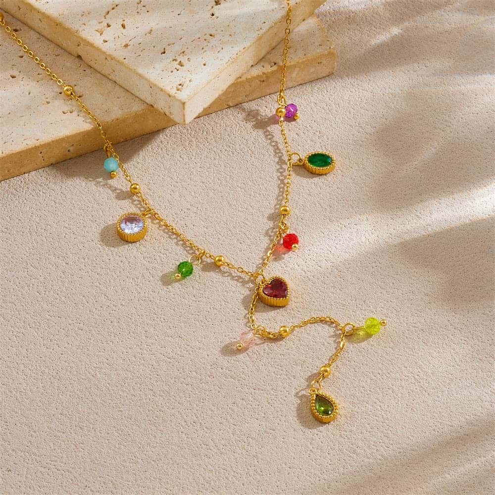 Layered Gold Necklaces – Colorful Gem Heart Y-Pendant Design