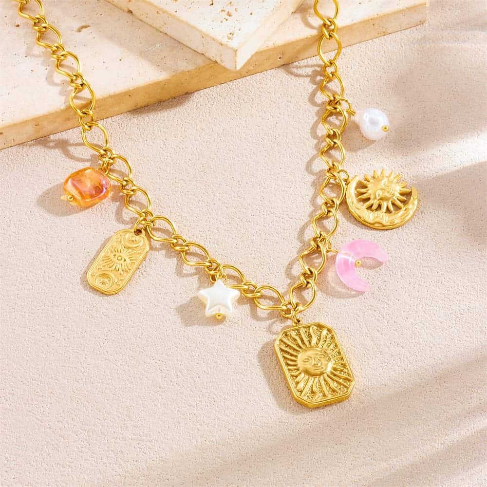 Sun Pendant Necklace with Sun & Moon Relief – Gold Stainless Steel Layering Jewelry