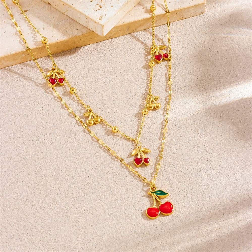 Cherry Pendant Necklace – Gold-Plated Stainless Steel Fruit Charm Layered Chain