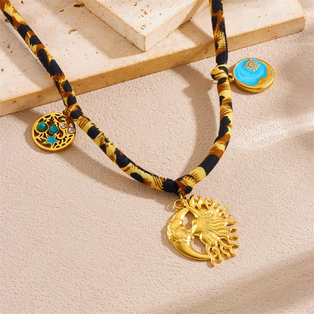Beach Charm Necklace – Enamel Ocean Animal Pendants on Leopard Nylon Cord
