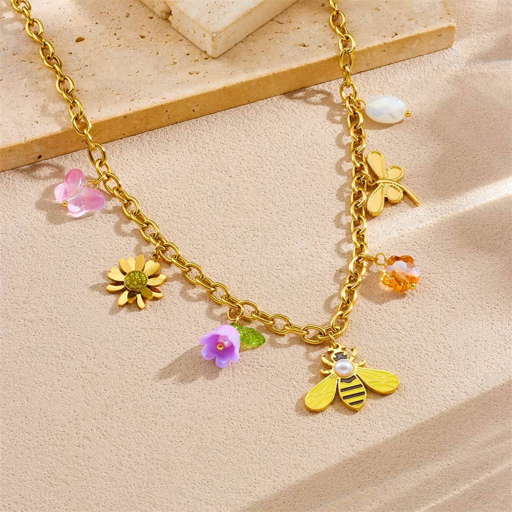 Bee Pendant Necklace – Whimsical Garden Charm with Sunflower & Dragonfly in Gold Stainless Steel