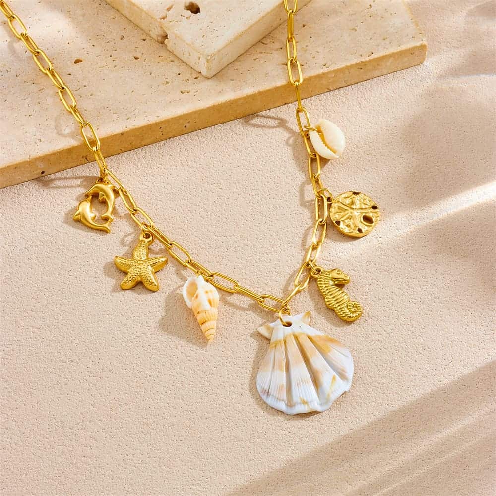 Gold Sea Necklace – Ocean Charm Pendant with Seahorse, Fish, Shell & Starfish