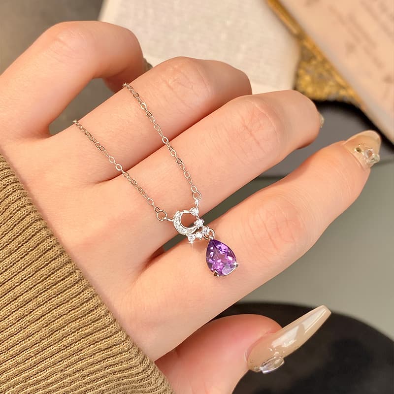 Teardrop Pendant Necklace – S925 Silver with Natural Crystal Stone | Blingku