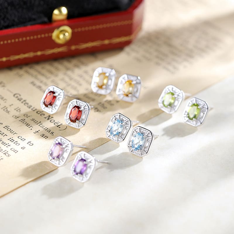 Oval Birthstone Earrings – Tarnish-Free S925 Silver Geometric Studs