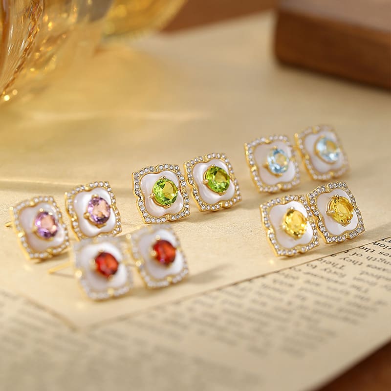 Sterling Silver Peridot Studs – Diamond Shape with Mother-of-Pearl Inlay