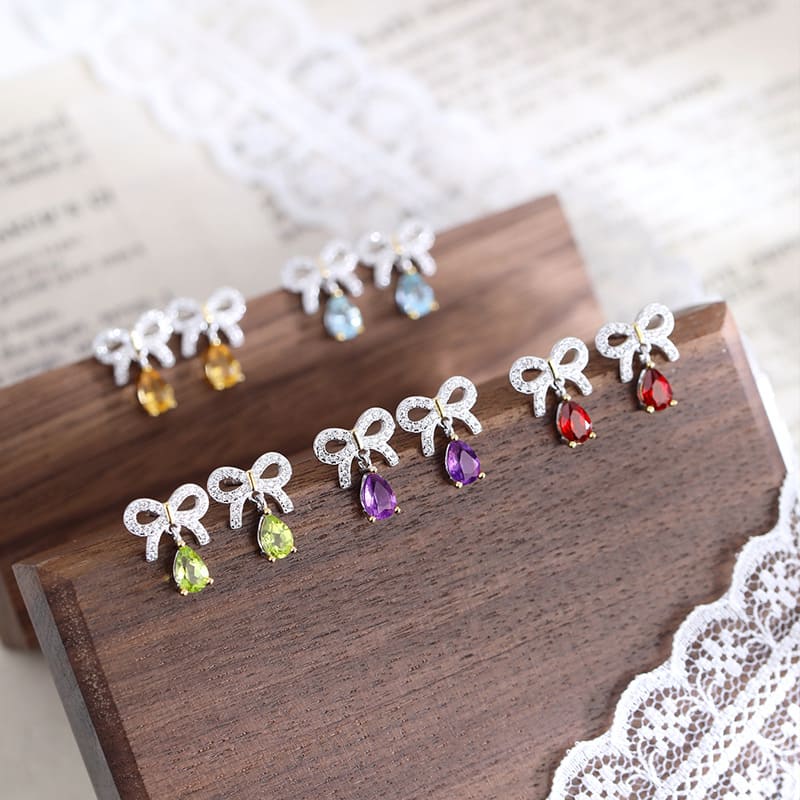 Green Gemstone Bow Earrings – S925 Sterling Silver Peridot Drop Design