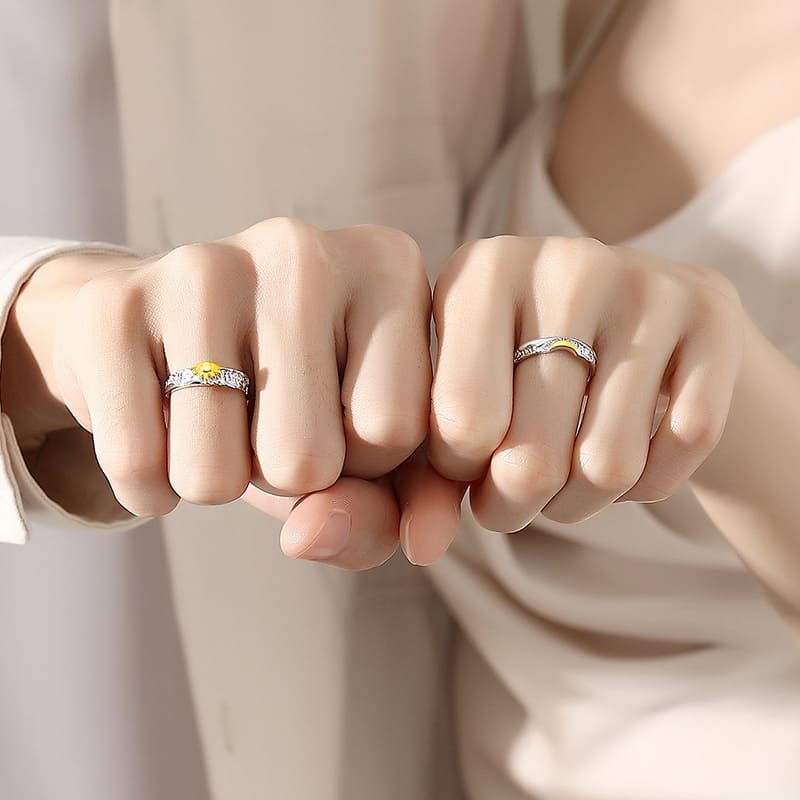 Sun and Moon Matching Rings – 14K Gold Plated Sterling Silver Couple Rings