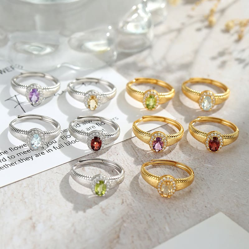 Brushed Gold Adjustable Ring – Minimalist Peridot Ring in Sterling Silver