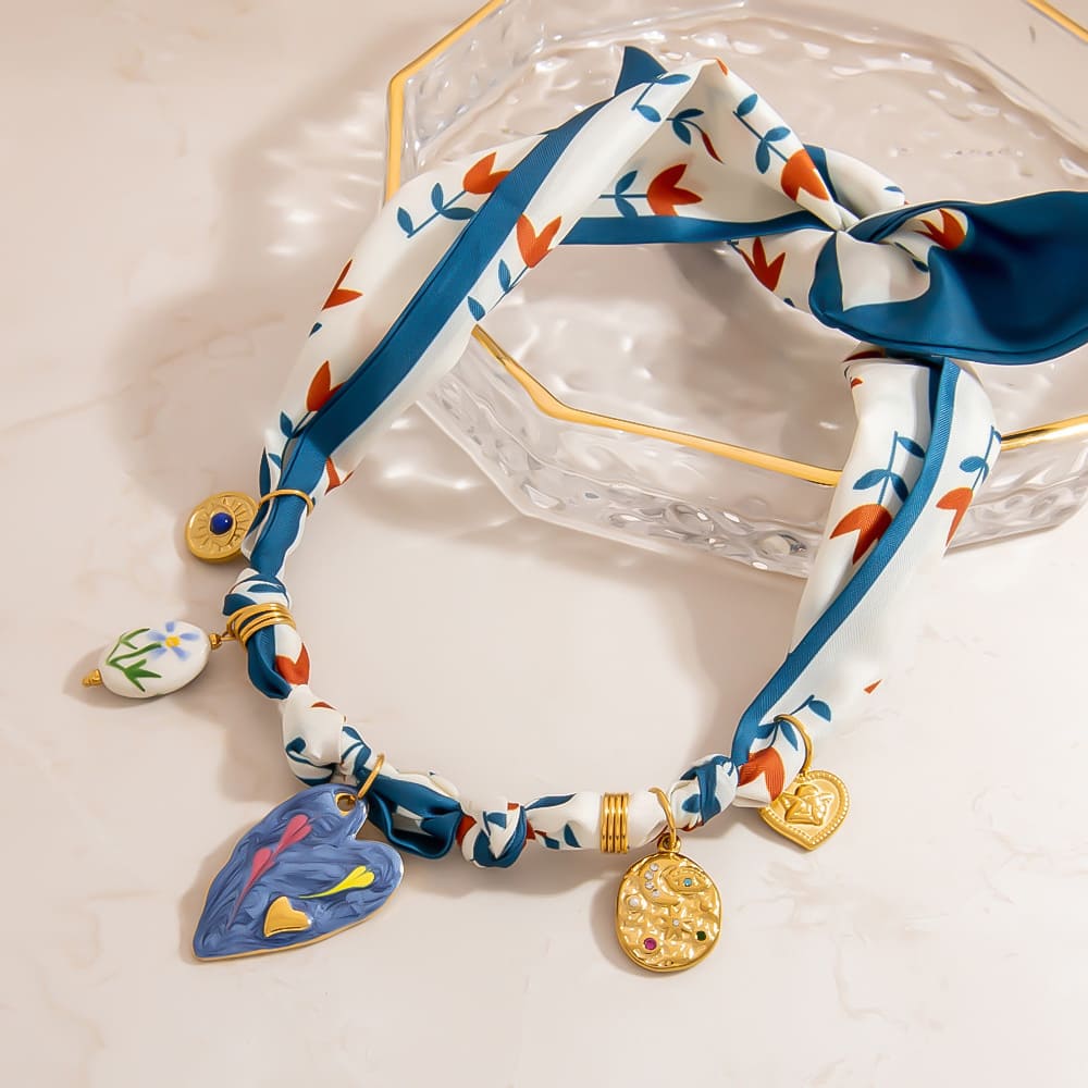 Statement Scarf Necklace – Printed Silk Chain with Heart & Pendant Charms