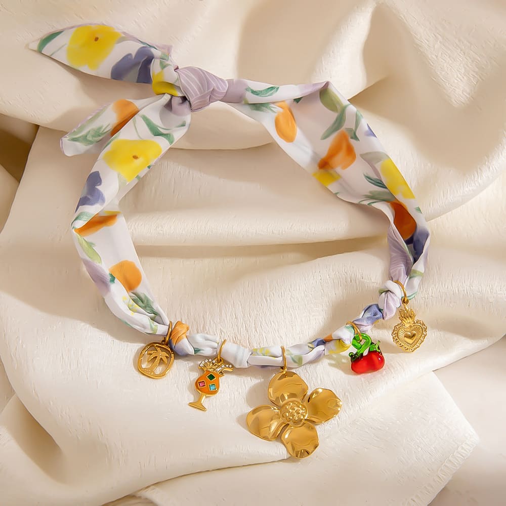 Lightweight Scarf Necklace – Tropical Floral & Cocktail Pendant Choker