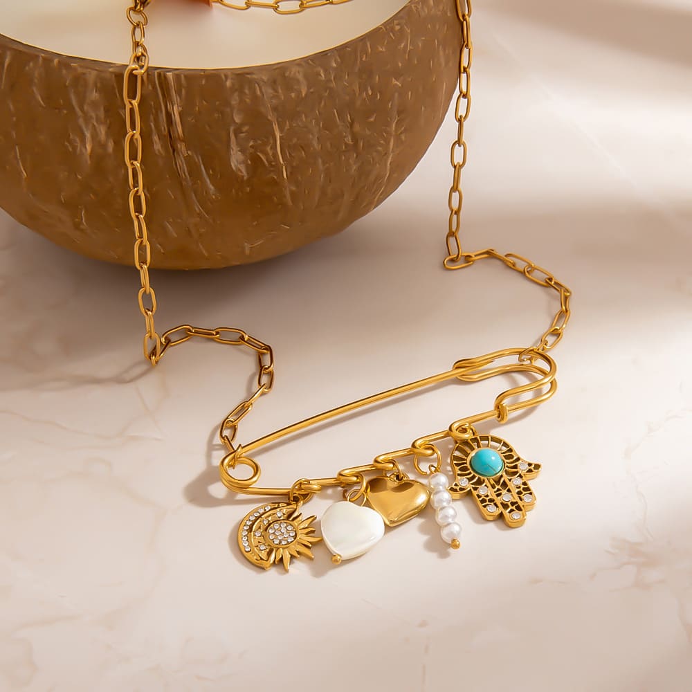 Good Luck Pendant Necklace – Gold Plated Evil Eye, Hand & Pearl Charm