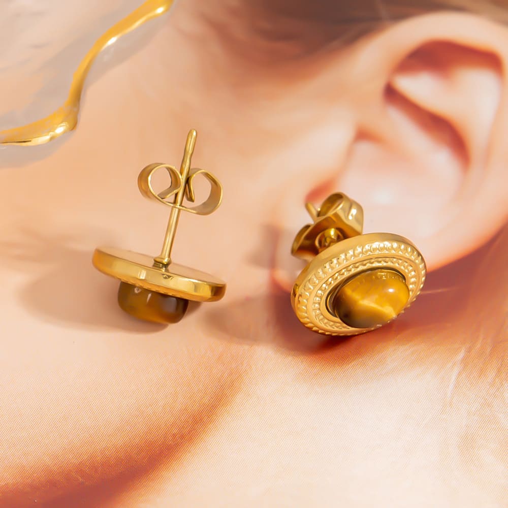 Gold Plated Hoop Earrings – Vintage Cat’s Eye Stone Retro Drop Hoops