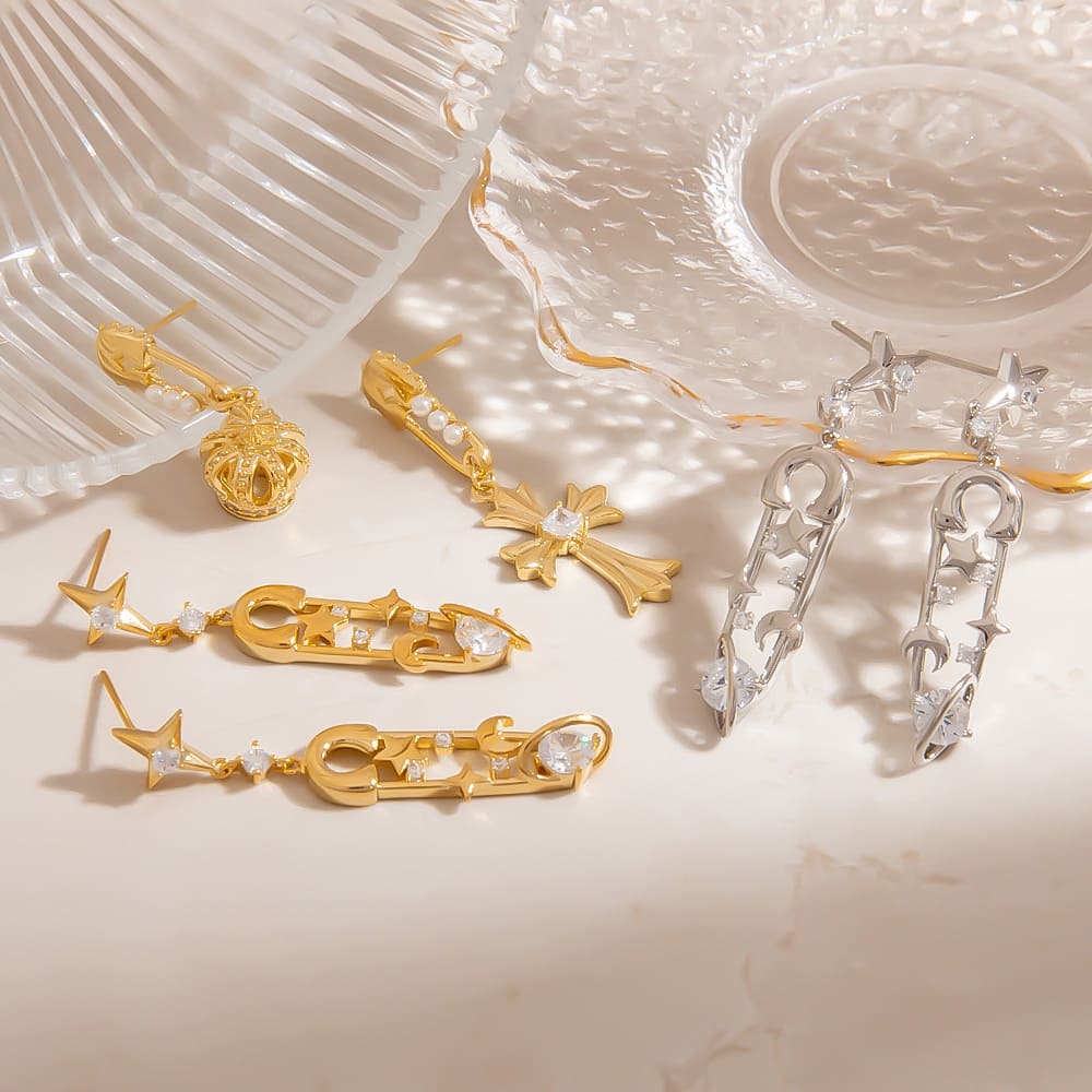 Cross Earrings – Asymmetrical Crown, Star & Moon Studs with 925 Silver Posts (3 Styles)