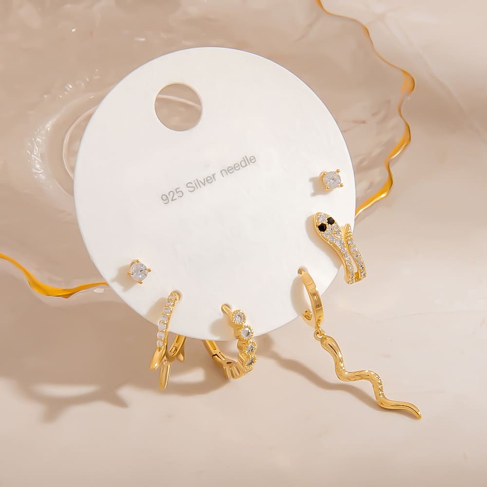 Snake Earrings – Asymmetrical 3-Piece Gold Plated Stud Set with 925 Silver Posts