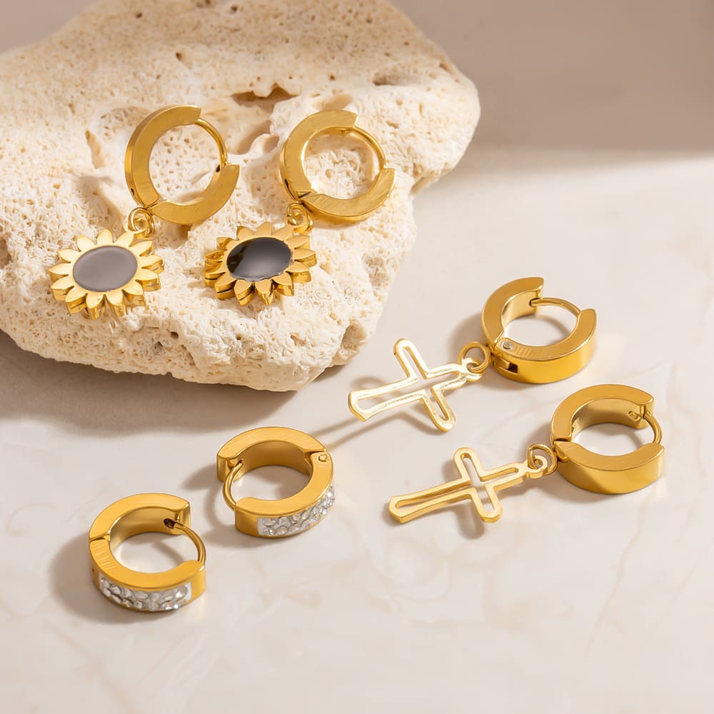 Gold Plated Earring Set – Butterfly, Cross & Pearl Studs with Round Bead & Heart Dangles (3-Piece)